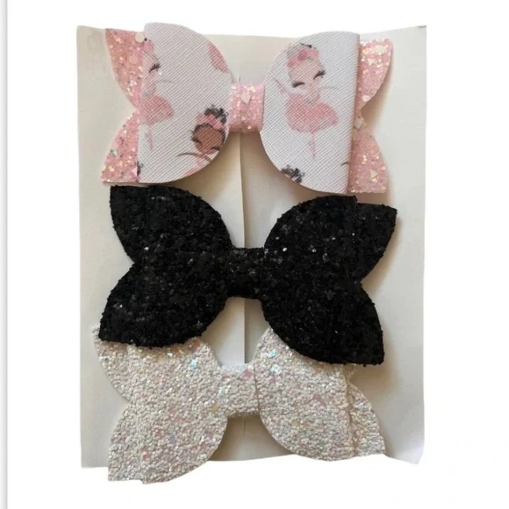 Set of 3 black, white glitter ballerina dancer hair bows faux leather 4 inch
